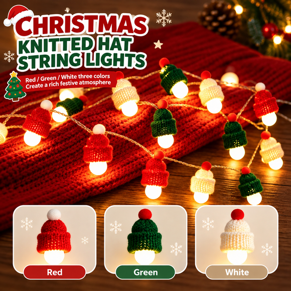 Christmas Knitted Hat String Lights (1.5M)- Warm White LED Fairy Lights with Red, Green and White Mini Hat Covers, Battery Powered Festive Decor for Tree, Mantel and Windows