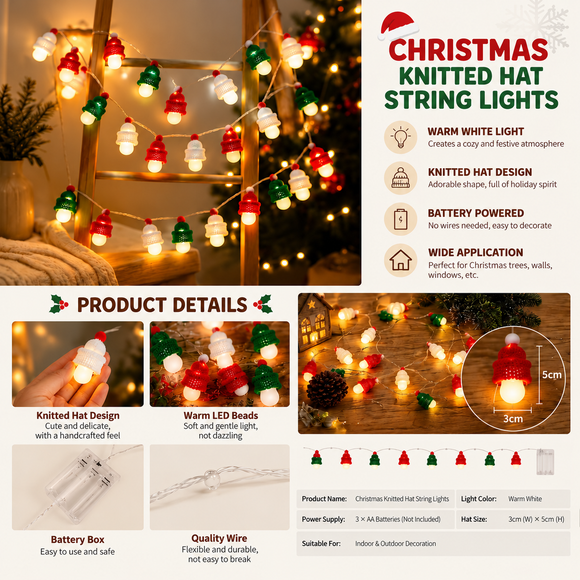 Christmas Knitted Hat String Lights (1.5M)- Warm White LED Fairy Lights with Red, Green and White Mini Hat Covers, Battery Powered Festive Decor for Tree, Mantel and Windows