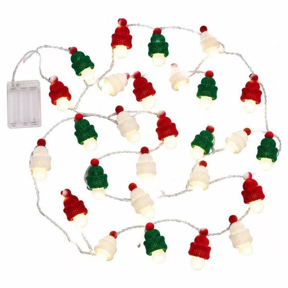 Christmas Knitted Hat String Lights (1.5M)- Warm White LED Fairy Lights with Red, Green and White Mini Hat Covers, Battery Powered Festive Decor for Tree, Mantel and Windows