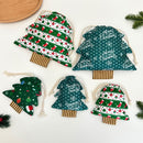 3 Piece Christmas Tree Drawstring Gift Bag Set - 11.5 x 13.5 cm Printed Fabric Pouches with Hanging Cords for Small Gifts, Treats and Festive Decorations-4
