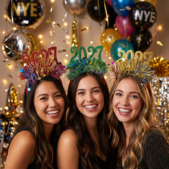4 Pack 2027 New Year Headbands - Glitter Number Party Headbands with Metallic Tinsel and Star Confetti in Silver, Gold, Red and Green for NYE Celebrations