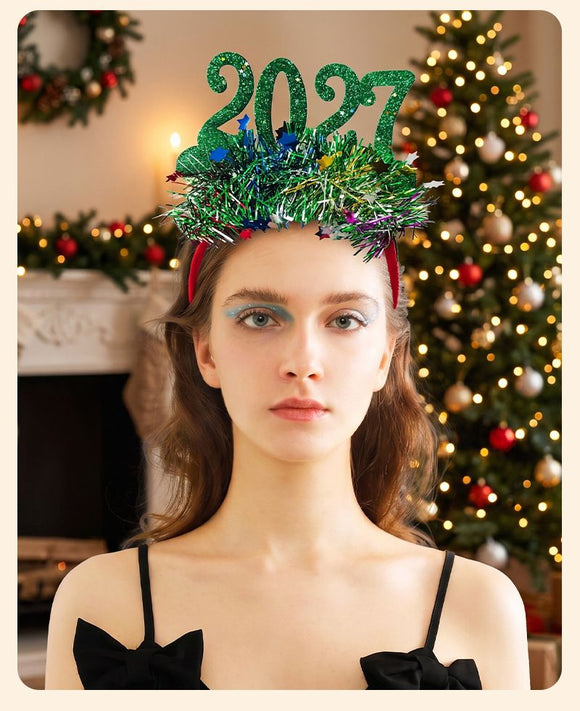 4 Pack 2027 New Year Headbands - Glitter Number Party Headbands with Metallic Tinsel and Star Confetti in Silver, Gold, Red and Green for NYE Celebrations