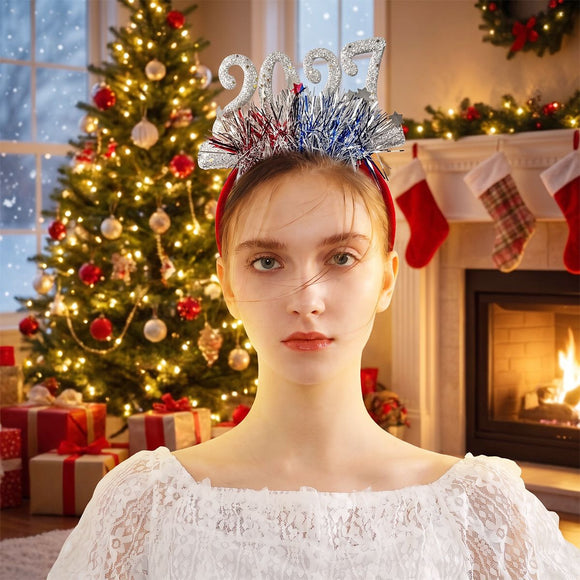 4 Pack 2027 New Year Headbands - Glitter Number Party Headbands with Metallic Tinsel and Star Confetti in Silver, Gold, Red and Green for NYE Celebrations