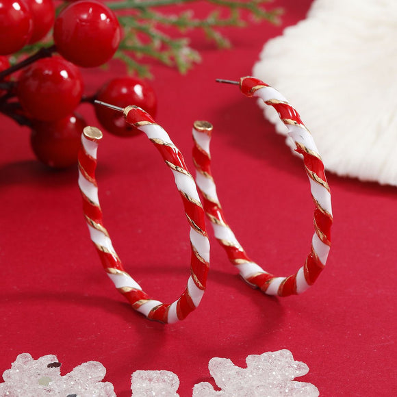 Christmas Candy Cane Hoop Earrings - 4.2cm Red and White Spiral Striped Hoop Earrings with Gold Tone Accents for Festive Parties, Holiday Outfits and Gifting