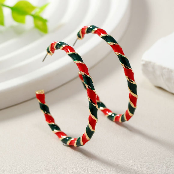 Christmas Red and Green Spiral Hoop Earrings - 4.2cm Festive Striped Statement Earrings with Gold Tone Accents for Holiday Parties, Christmas Outfits and Gifting