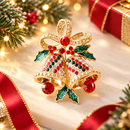 Christmas Bell Brooch Pin - 5cm Red Green Rhinestone Double Bell Design with Bow and Holly Details, Festive Holiday Accessory for Sweaters, Coats, Scarves and Bags-1