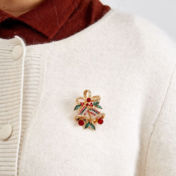 Christmas Bell Brooch Pin - 5cm Red Green Rhinestone Double Bell Design with Bow and Holly Details, Festive Holiday Accessory for Sweaters, Coats, Scarves and Bags