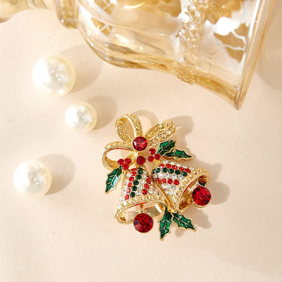 Christmas Bell Brooch Pin - 5cm Red Green Rhinestone Double Bell Design with Bow and Holly Details, Festive Holiday Accessory for Sweaters, Coats, Scarves and Bags