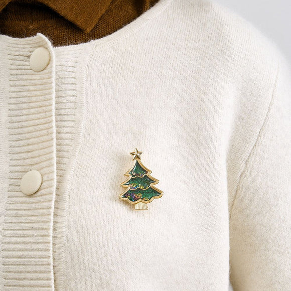 Christmas Tree Brooch Pin - 4.7cm Green Glitter Tree with Multicolour Crystal Details and Gold Tone Star, Festive Christmas Accessory for Sweaters, Coats and Scarves