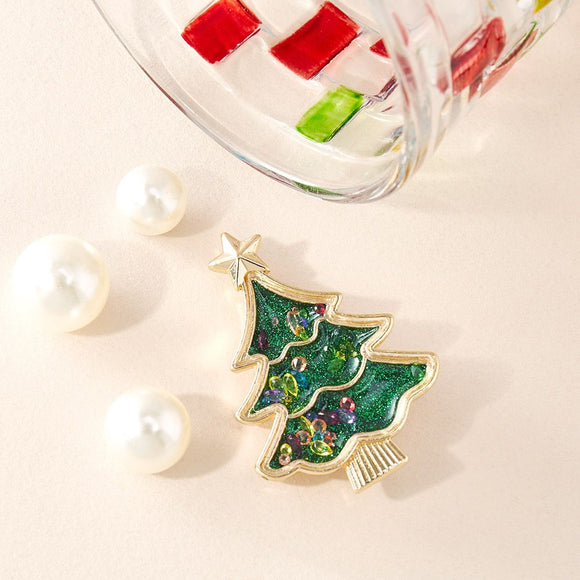 Christmas Tree Brooch Pin - 4.7cm Green Glitter Tree with Multicolour Crystal Details and Gold Tone Star, Festive Christmas Accessory for Sweaters, Coats and Scarves