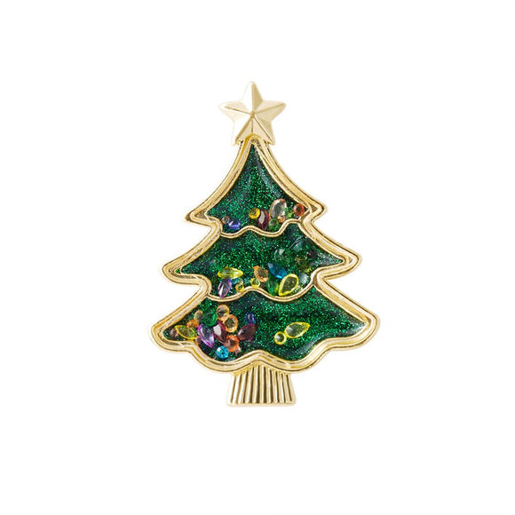 Christmas Tree Brooch Pin - 4.7cm Green Glitter Tree with Multicolour Crystal Details and Gold Tone Star, Festive Christmas Accessory for Sweaters, Coats and Scarves
