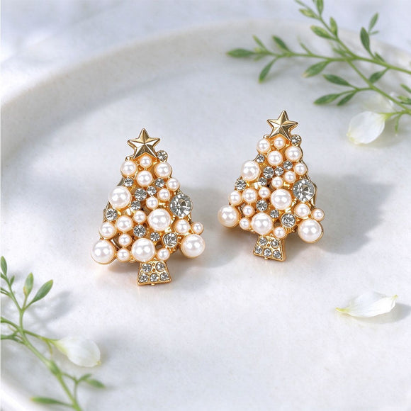 Christmas Tree Cufflinks 2 Pack - Gold Tone Pearl and Rhinestone Festive Shirt Cuff Links for Christmas Parties and Holiday Outfits