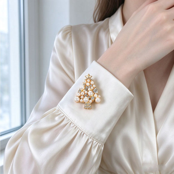 Christmas Tree Cufflinks 2 Pack - Gold Tone Pearl and Rhinestone Festive Shirt Cuff Links for Christmas Parties and Holiday Outfits