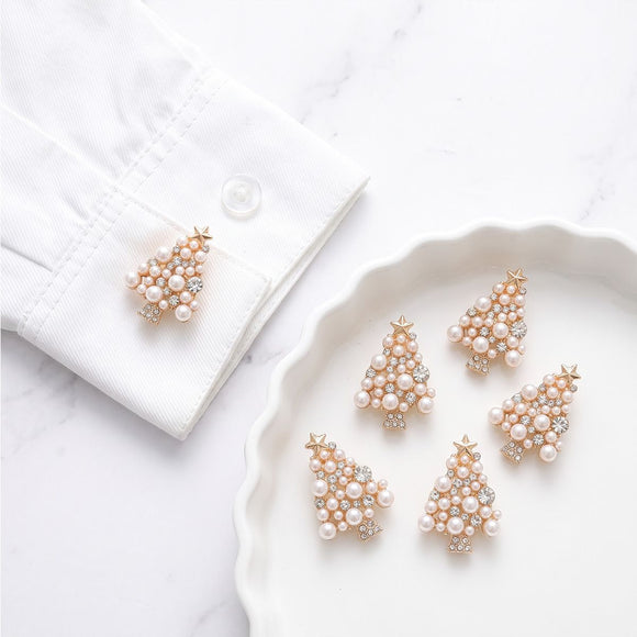 Christmas Tree Cufflinks 2 Pack - Gold Tone Pearl and Rhinestone Festive Shirt Cuff Links for Christmas Parties and Holiday Outfits