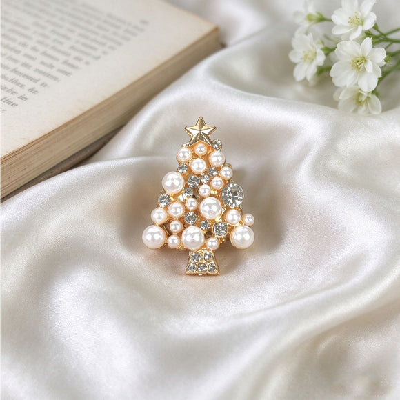 Christmas Tree Cufflinks 2 Pack - Gold Tone Pearl and Rhinestone Festive Shirt Cuff Links for Christmas Parties and Holiday Outfits