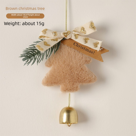 Brown Christmas Tree Bell Ornaments 4 Pack - 9 x 7.6 cm Plush Hanging Decorations with Bow, Pine Accent and Bell for Door, Wall, Car and Holiday Decor