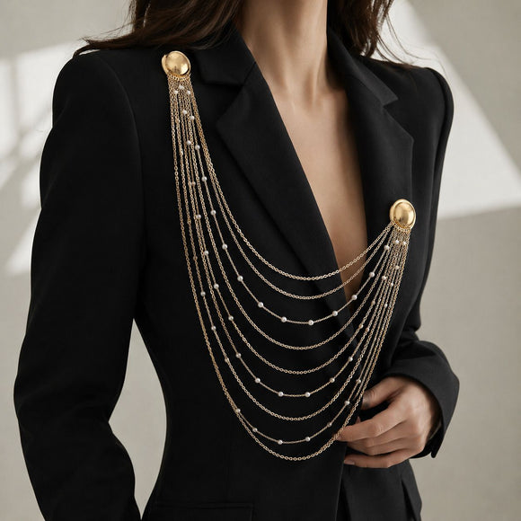 Gold Multi Layer Chain Brooch with Faux Pearls - Elegant Double Round Pin Draped Tassel Brooch, Alloy Statement Jewellery for Suits, Dresses, Blazers and Parties