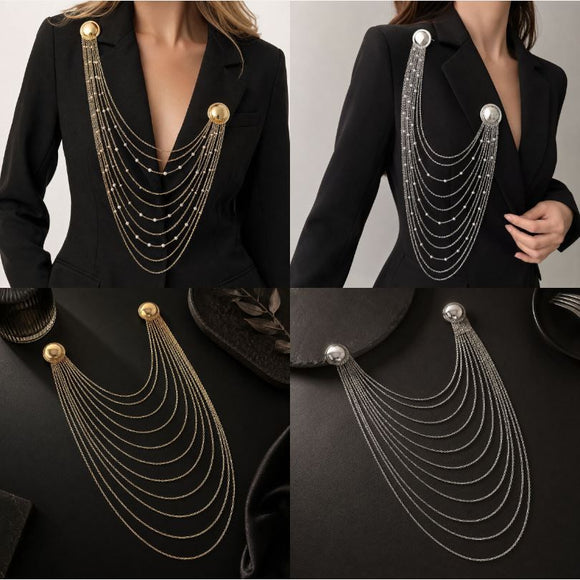Gold Multi Layer Chain Brooch with Faux Pearls - Elegant Double Round Pin Draped Tassel Brooch, Alloy Statement Jewellery for Suits, Dresses, Blazers and Parties