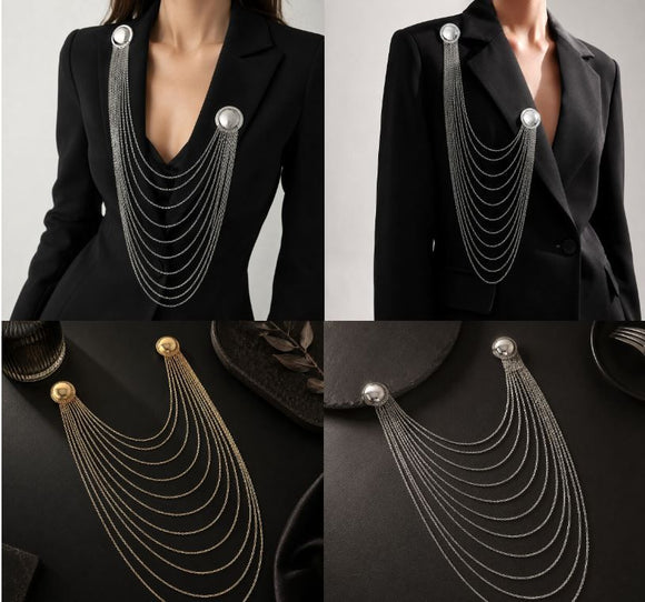 Gold Multi Layer Chain Brooch with Faux Pearls - Elegant Double Round Pin Draped Tassel Brooch, Alloy Statement Jewellery for Suits, Dresses, Blazers and Parties