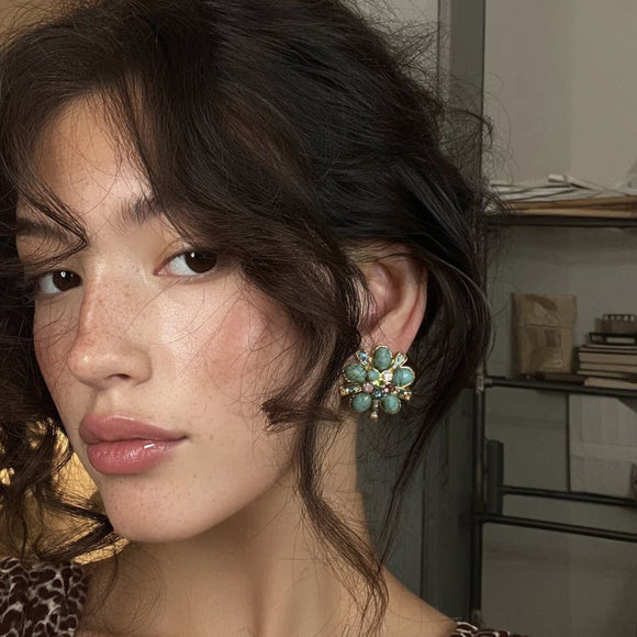 Vintage Turquoise Floral Stud Earrings - Oval Stone Alloy Statement Earrings with Colourful Rhinestone Accents and Silver Posts, Retro Elegant Jewellery for Women