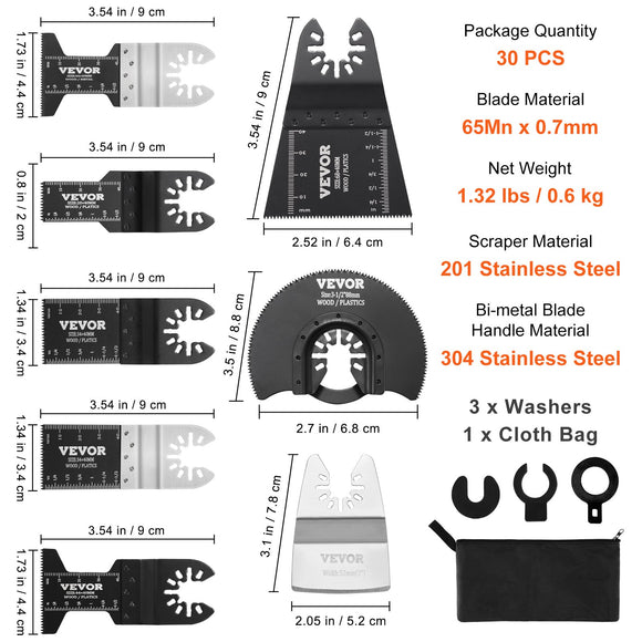 VEVOR 30PCS Multi Tool Blades Kits, Universal Quick Release Oscillating Saw Blades, 8 Types Wood Metal Plastic Oscillating Tool Blades, Fit Dewalt Bosch Milwaukee Hitachi Chicago Craftsman