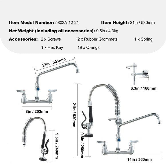 Commercial Faucet with Pre-Rinse Sprayer, 21" Height, 8" Center, 12" Swing Spout, Wall Mount Kitchen Sink Faucet, Brass Constructed Device with Pull Down Spray, for 1/2/3 Compartment Sink