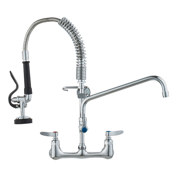 Commercial Faucet with Pre-Rinse Sprayer, 21" Height, 8" Center, 12" Swing Spout, Wall Mount Kitchen Sink Faucet, Brass Constructed Device with Pull Down Spray, for 1/2/3 Compartment Sink
