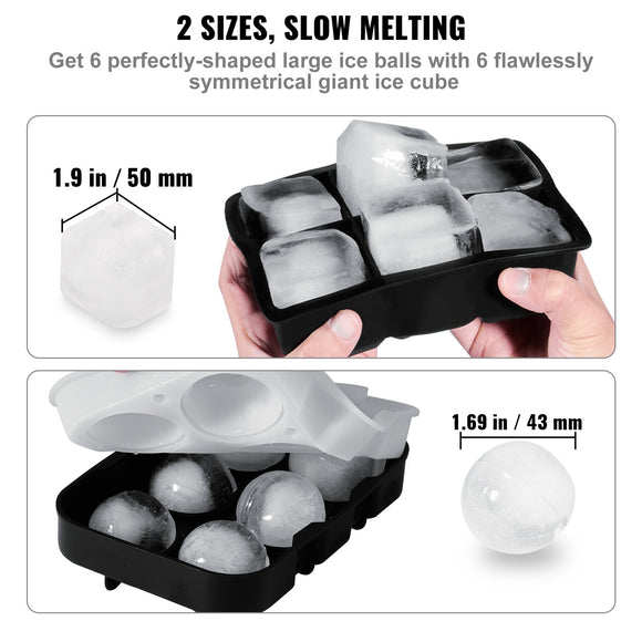 VEVOR Ice Cube Trays (Set of 2), 2-in-1 Combo with Silicone Sphere Ice Ball Maker & Large Square Ice Cube Maker with Lid, Reusable Easy Release BPA Free Ice Tray Set for Whiskey Cocktails Bourbon