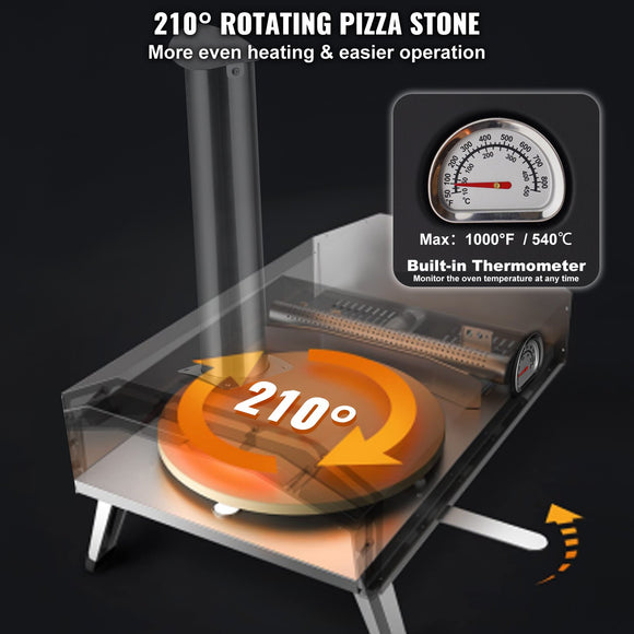 VEVOR Outdoor Pizza Oven, 12" Wood Fired Pizza Ovens, Pellet Pizza Stove with Built-in Thermometer, with Thickened Cordierite, Rotating Pizza Stone, Carry Bag, Shovel,  Portable Pizza Maker for Outside Backyard Patio Camping Black