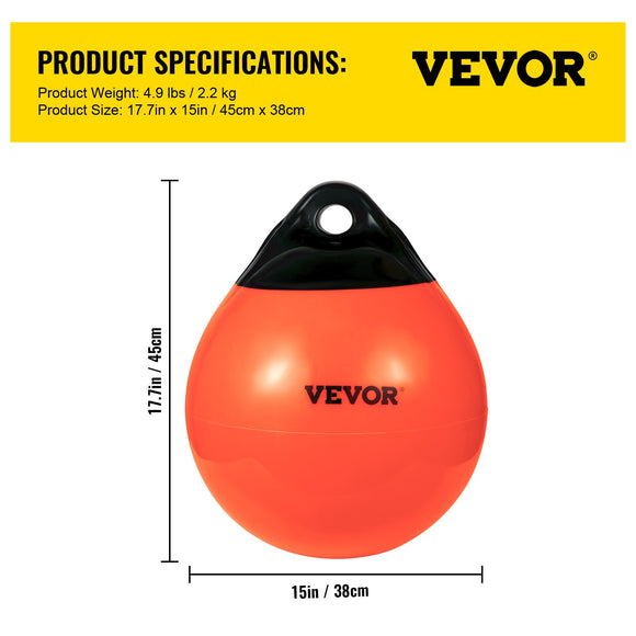 VEVOR Boat Buoy Balls, 15\" Diameter Inflatable Heavy-Duty Marine-Grade PVC Marker Buoys, Round Boat Mooring Buoys, Anchoring, Rafting, Marking, Fishing, Orange