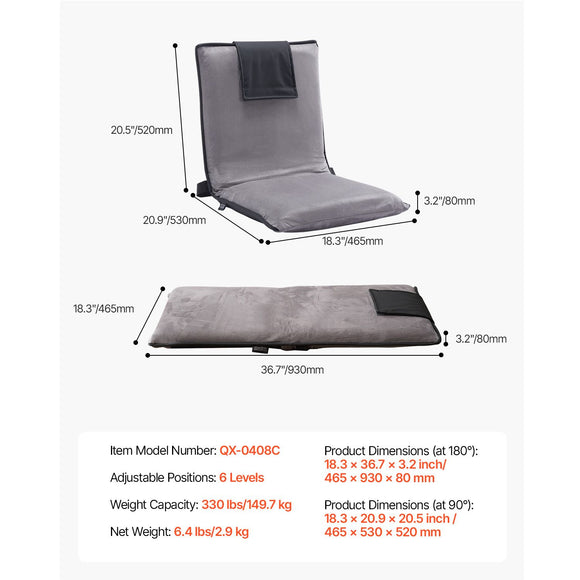 Floor Chair, 6-Position Adjustable Meditation Chair with Back Support, Folding Sofa Chair for Reading TV Watching and Gaming, Portable Floor Seat Lounge Sofa Chair for Kids Teens Adults, Gray