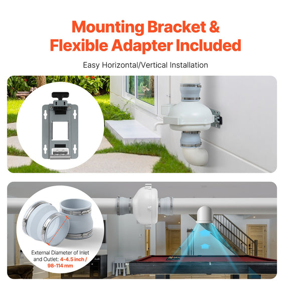 VEVOR 4" to 4.5" Radon Mitigation Fan System Kit Quiet 190 CFM Inline Duct Fan