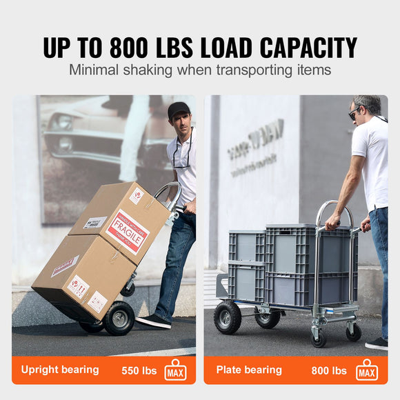 Aluminum Hand Truck, 2 in 1, 363 kg Max Load Capacity, Heavy Duty Industrial Convertible Folding Hand Truck and Dolly, Utility Cart Converts from Hand Truck to Platform Cart with Rubber Wheels