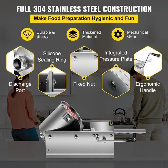 VEVOR Manual Sausage Stuffer, 3 L / 7 LBS Horizontal Sausage Machine, Dual-Speed Meat Stuffer, Made of Food-Grade 304 Stainless Steel, Includes 5 Stuffing Tubes, for Home Kitchen Restaurant Commercial