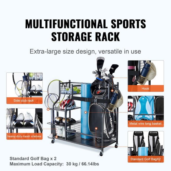 Golf Storage Garage Organizer, 2 Golf Bag Stand Holder and Other Sports Equipment Storage Rack, Rolling Ball Cart on Wheels, Outdoor Sport Gear and Toy Storage with Baskets & Hooks, Steel, Black