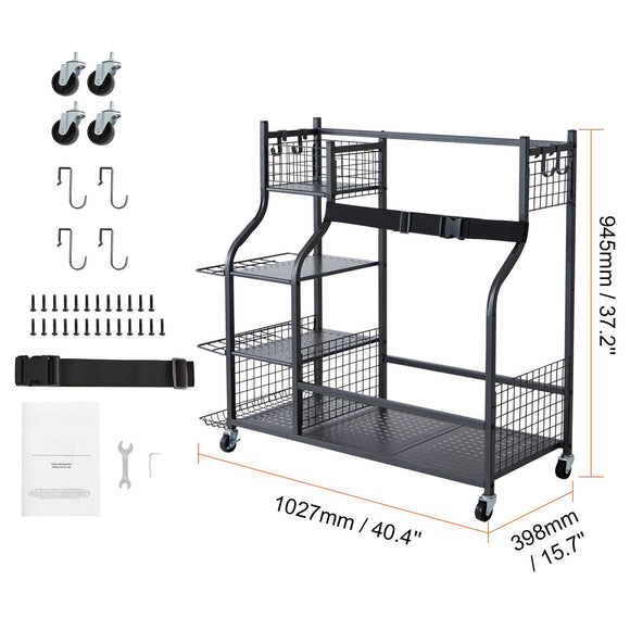 Golf Storage Garage Organizer, 2 Golf Bag Stand Holder and Other Sports Equipment Storage Rack, Rolling Ball Cart on Wheels, Outdoor Sport Gear and Toy Storage with Baskets & Hooks, Steel, Black