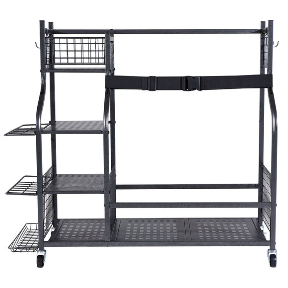 VEVOR Golf Storage Garage Organizer, 2 Golf Bag Stand Holder and Other Sports Equipment Storage Rack, Rolling Ball Cart on Wheels, Outdoor Sport Gear and Toy Storage with Baskets & Hooks, Steel, Black