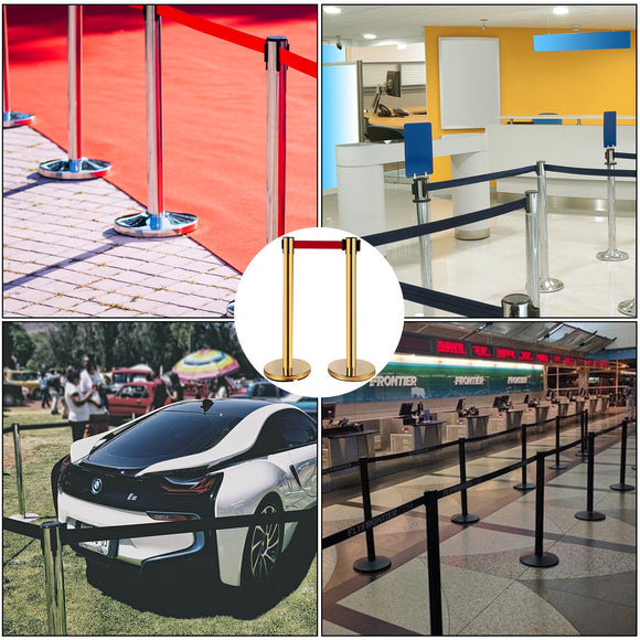VEVOR Stanchion Post Barriers 6-Set Line Dividers, Stainless Steel Stanchions with 6.6 Red Retractable Belts, Stanchions with One Sign Frame, 34.6 Queue Safety Stanchions (Gold)