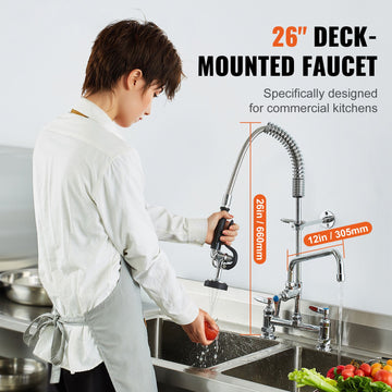 Commercial Faucet with Pre-Rinse Sprayer, 26" Height, 8" Center, 12" Swing Spout, Deck Mount Kitchen Sink Faucet, Brass Constructed Device with Pull Down Spray, for 1/2/3 Compartment Sink - 0