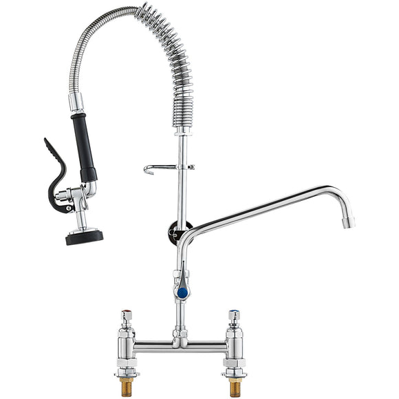 Commercial Faucet with Pre-Rinse Sprayer, 26" Height, 8" Center, 12" Swing Spout, Deck Mount Kitchen Sink Faucet, Brass Constructed Device with Pull Down Spray, for 1/2/3 Compartment Sink