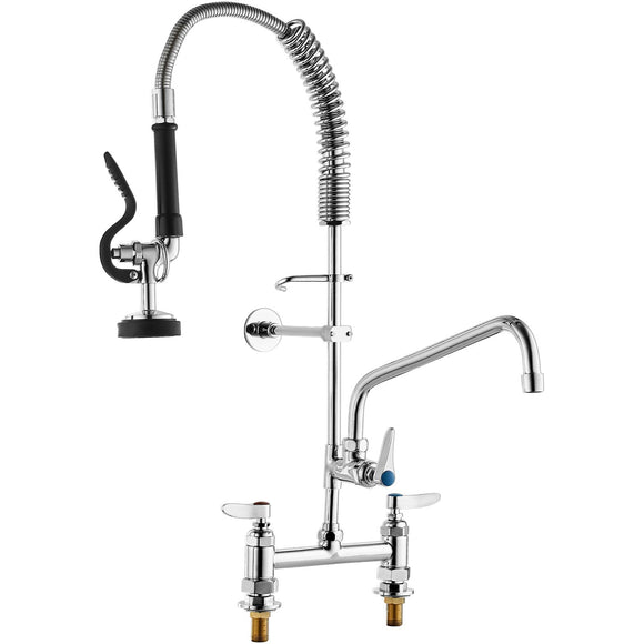 Commercial Faucet with Pre-Rinse Sprayer, 26" Height, 8" Center, 12" Swing Spout, Deck Mount Kitchen Sink Faucet, Brass Constructed Device with Pull Down Spray, for 1/2/3 Compartment Sink