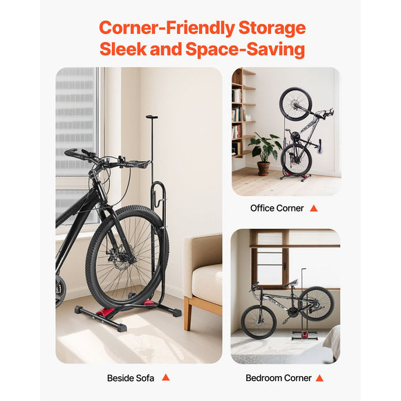 Bike Rack, Upright Bike Stand Floor for 406.4 to 700 mm Mountain & Road Bikes, Vertical & Horizontal Bicycle Stand for Secure Parking and Storage in Garage, Truck Bed, Indoor, Outdoor, Black