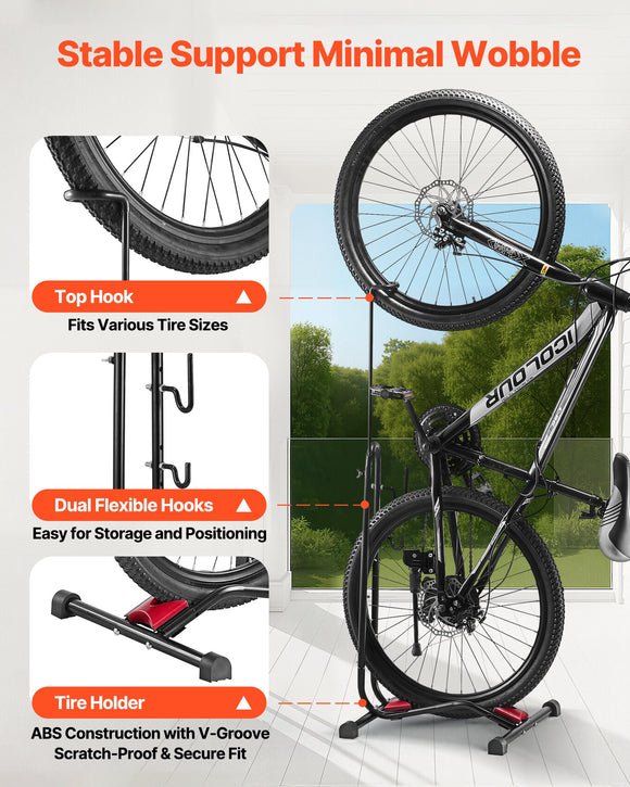 Bike Rack, Upright Bike Stand Floor for 406.4 to 700 mm Mountain & Road Bikes, Vertical & Horizontal Bicycle Stand for Secure Parking and Storage in Garage, Truck Bed, Indoor, Outdoor, Black