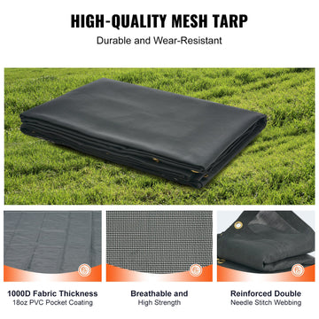 VEVOR Dump Truck Mesh Tarp, 5 x 14 ft, PVC Coated Black Heavy Duty Cover with 5.5" 18oz Double Pocket, Brass Grommets, Reinforced Double Needle Stitch Webbing Fits Manual or Electric Dump Truck System - 0