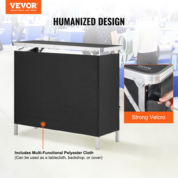 Folding Portable Bar Table, Tradeshow Podium Table for Indoor, Outdoor, Party, Picnic, Exhibition, Includes Carrying Case, Storage Shelf and Black Skirt, 38.39" x 15.16" x 34.25“ - 0