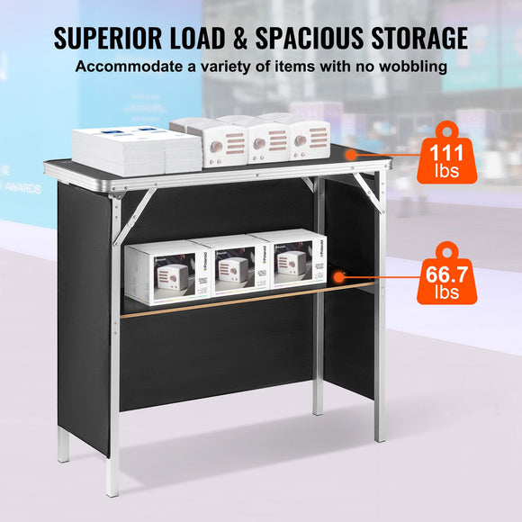 Folding Portable Bar Table, Tradeshow Podium Table for Indoor, Outdoor, Party, Picnic, Exhibition, Includes Carrying Case, Storage Shelf and Black Skirt, 38.39" x 15.16" x 34.25“