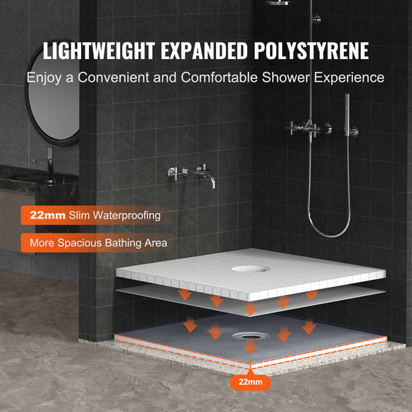 Shower Curb Kit, 914x914mm Shower Pan Kit with 160mm Central Drain, Lightweight EPS Shower Installation Kits with 2 Waterproof Cloths, Shower Pan Slope Sticks Fit for Bathroom