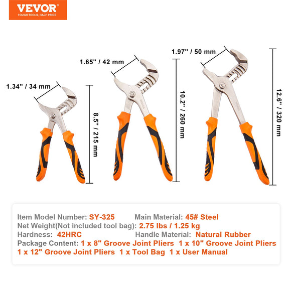 VEVOR Groove Joint Pliers Set Water Pump Pliers 3-Piece 12
