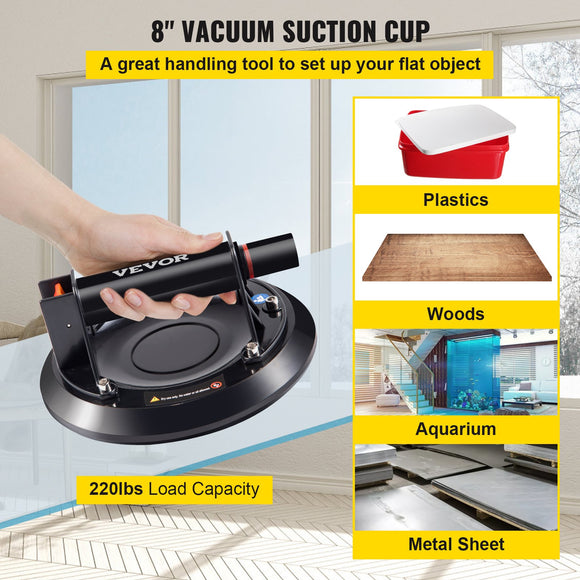 VEVOR Glass Suction Cup, 8'' Vacuum Suction Cup, 220lbs Load Capacity Vacuum Glass Lifter with Plastic Handle, Heavy-Duty Hand-Held Glass Lifter For Granite & Glass Lifting, With a free case