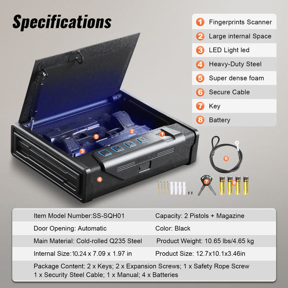 Gun Safe for Pistols Biometric Gun Safe with 3 Access Ways for 2 Pistols